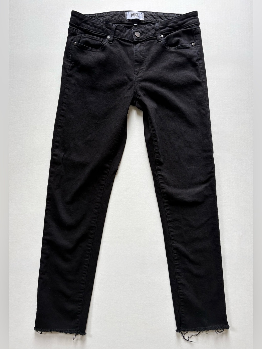 PAIGE Skyline Ankle Peg Black Jeans Raw Hem Size 30